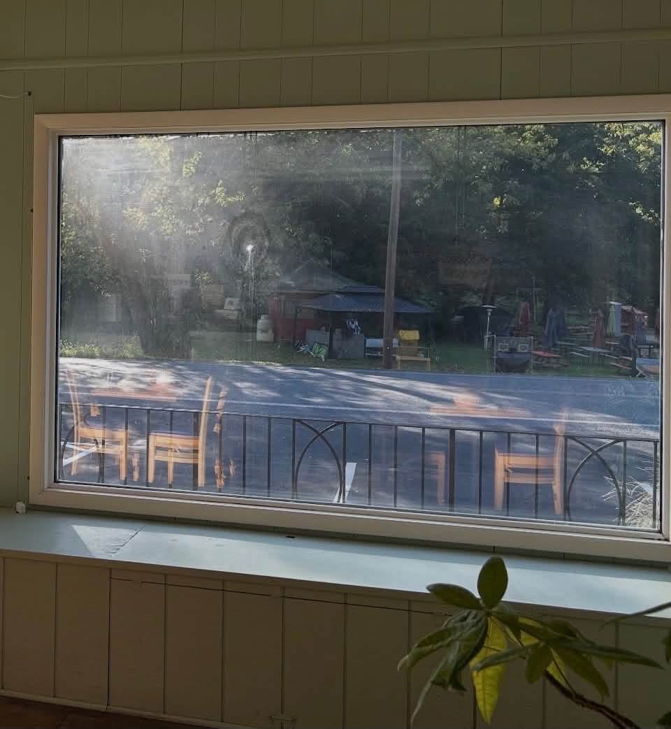 worn interior and windows of first place cafe